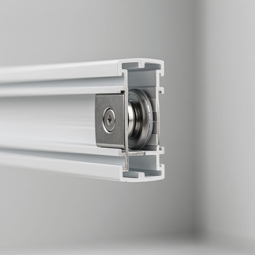 close-up van het trackrail van een kunststof schuifpui met roestvrijstalen rollers