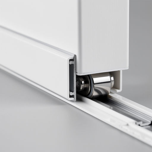close-up van het trackrail van een kunststof schuifpui met roestvrijstalen rollers