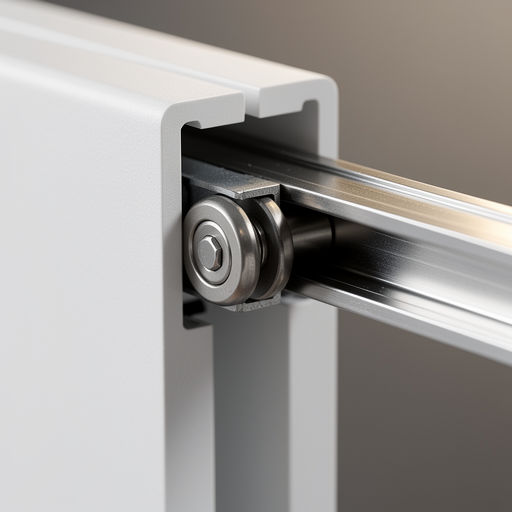 close-up van het trackrail van een kunststof schuifpui met roestvrijstalen rollers