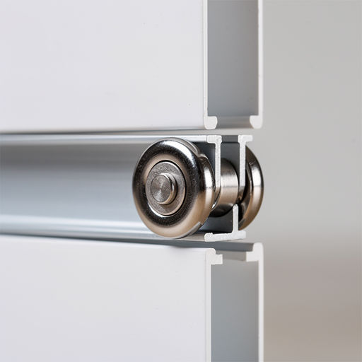 close-up van het trackrail van een kunststof schuifpui met roestvrijstalen rollers