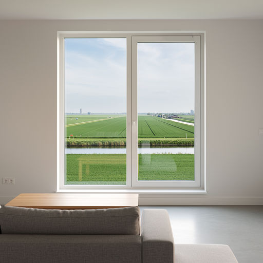 blik vanuit woonkamer in Broek op Langedijk door groot wit kunststof kozijn naar poldergebied