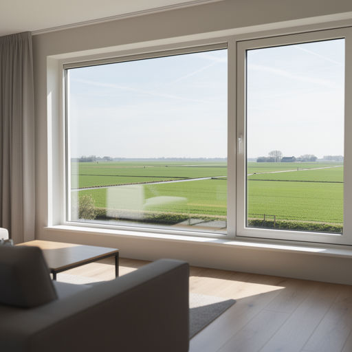 blik vanuit woonkamer in Egmond aan Zee door groot wit kunststof kozijn richting duingebied