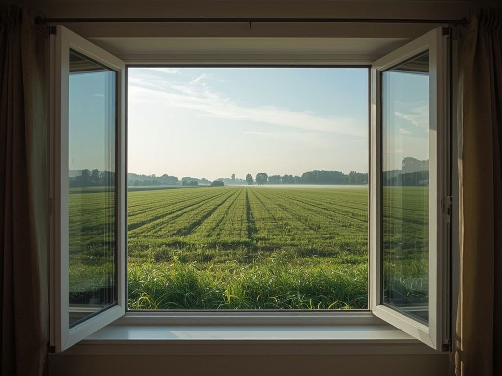 blik vanuit woonkamer in Uitgeest door groot wit kunststof kozijn naar poldergebied