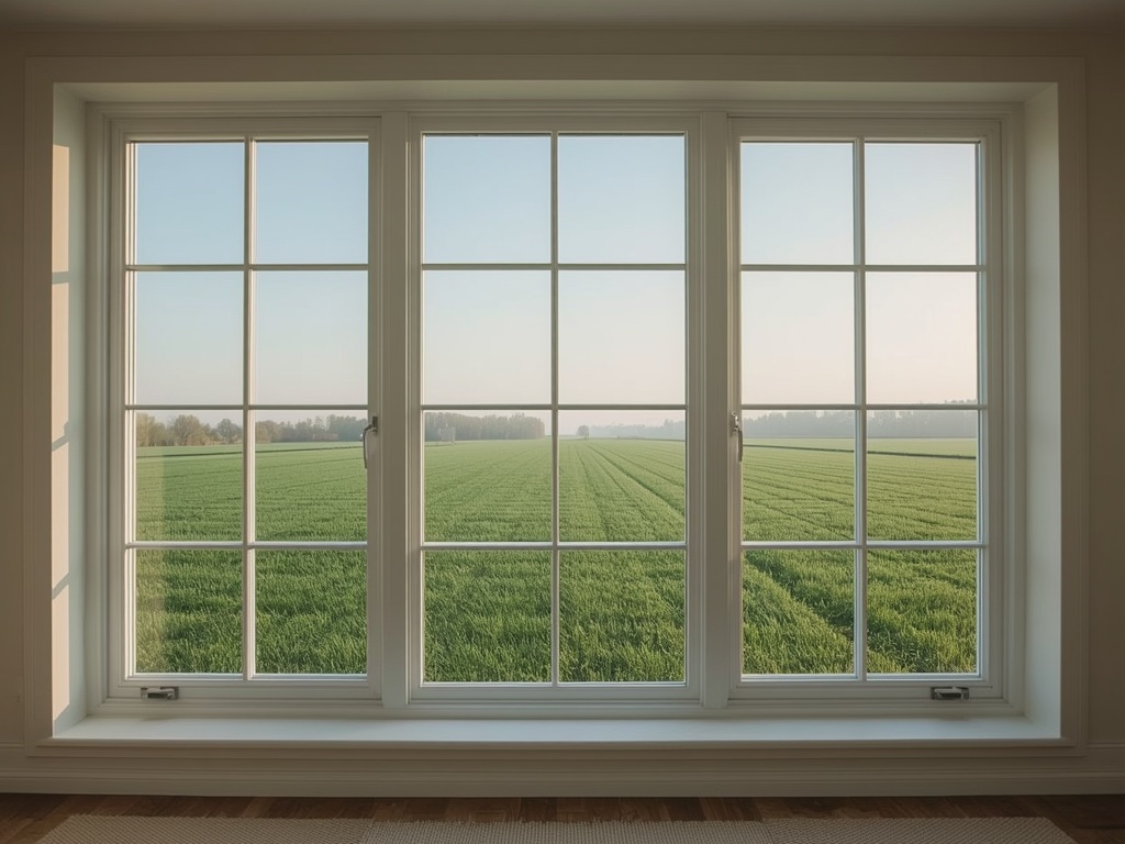 blik vanuit woonkamer in Langedijk door groot wit kunststof kozijn naar poldergebied