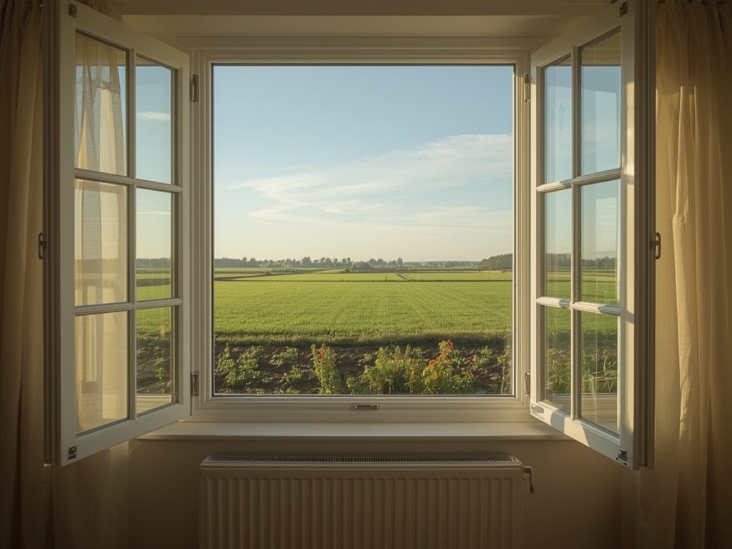 blik vanuit woonkamer in Medemblik door groot wit kunststof kozijn naar poldergebied