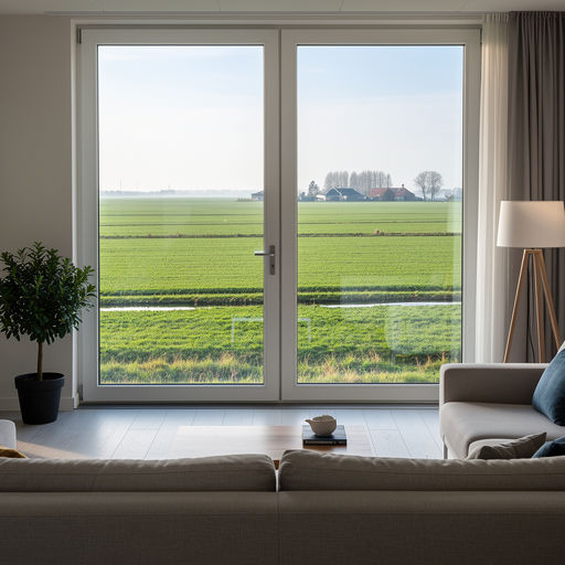 blik vanuit woonkamer in Anna Paulowna door groot wit kunststof kozijn naar open poldergebied