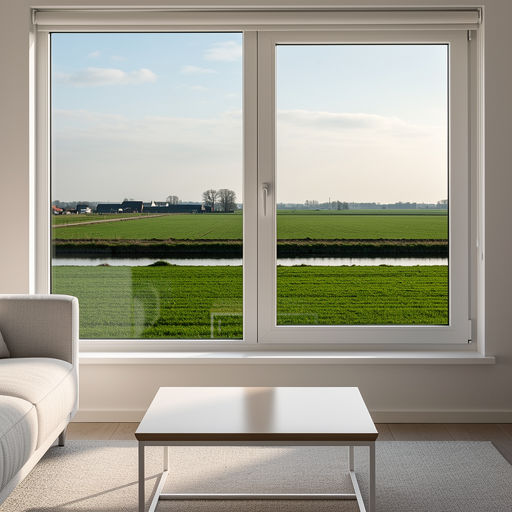 blik vanuit woonkamer in Alkmaar door groot wit kunststof kozijn naar poldergebied