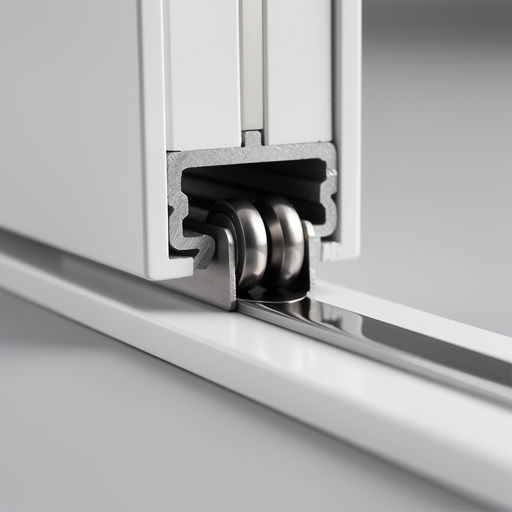 close-up van het trackrail van een kunststof schuifpui met roestvrijstalen rollers in woning in Zuid-Scharwoude