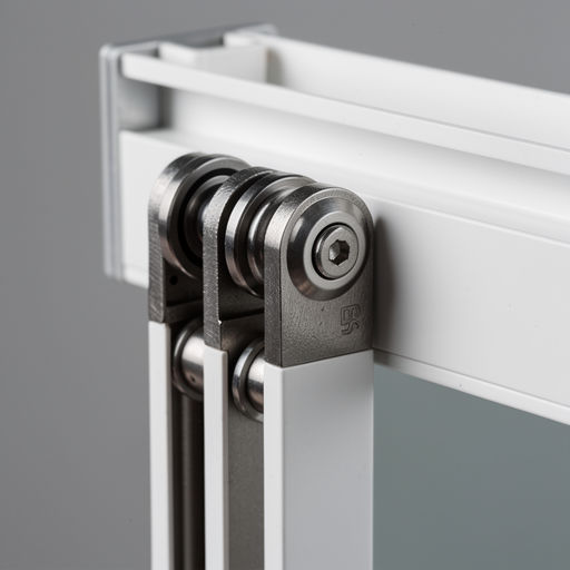 close-up van het rvs-trackrail van een kunststof schuifpui met rollers in Limmen