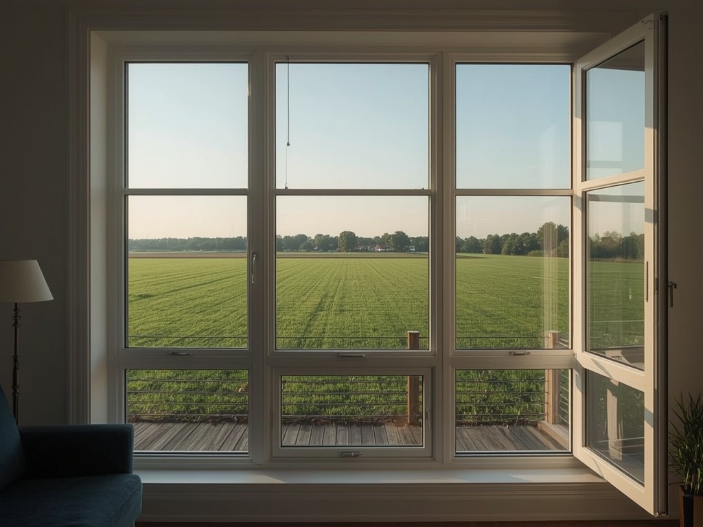 blik vanuit woonkamer in Schagen door groot wit kunststof kozijn naar Noord-Hollands poldergebied