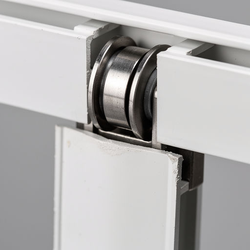close-up van het trackrail van een kunststof schuifpui met roestvrijstalen rollers in een woning in Anna Paulowna
