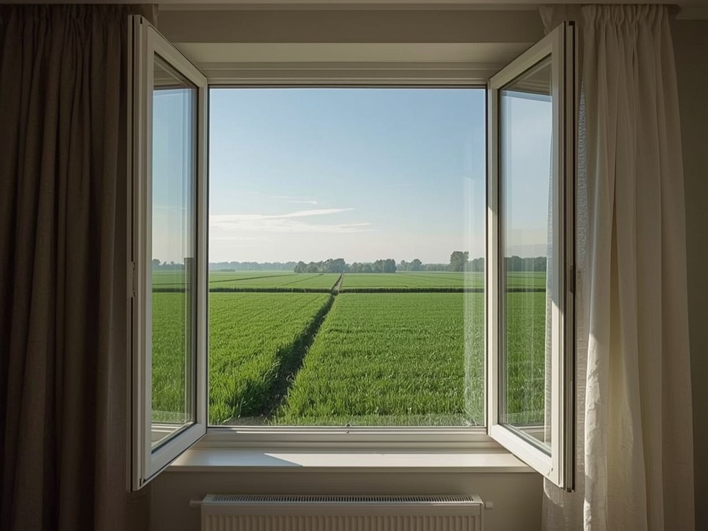 blik vanuit woonkamer in Heerhugowaard door groot wit kunststof kozijn naar poldergebied