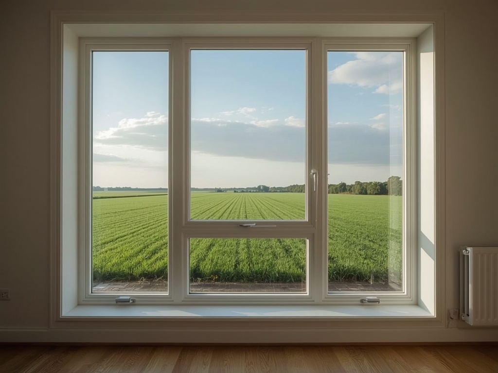 blik vanuit woonkamer in Graft door een groot wit kunststof kozijn naar het poldergebied