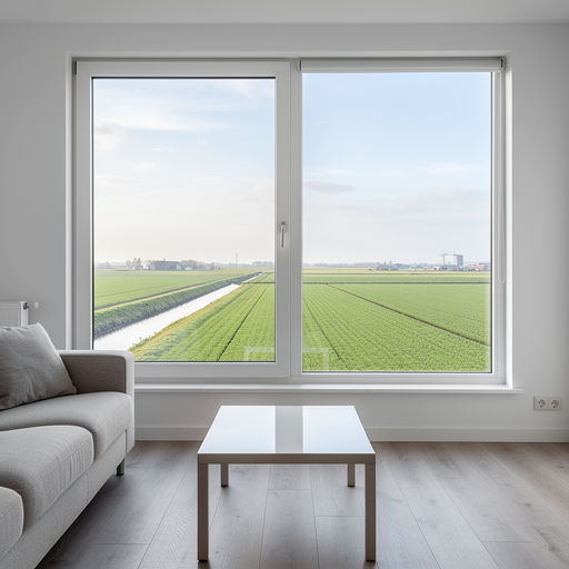 blik vanuit woonkamer in Zuid-Scharwoude door groot wit kunststof kozijn naar het poldergebied