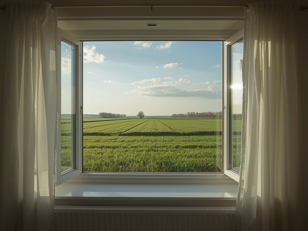 blik vanuit woonkamer in Bergen door groot wit kunststof kozijn naar groen buitengebied