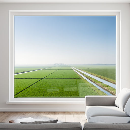 blik vanuit woonkamer in Heiloo door groot wit kunststof kozijn naar groen poldergebied