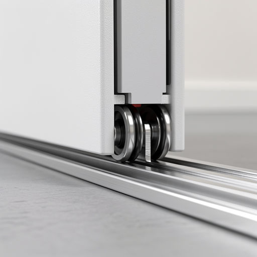close-up van het trackrail van een kunststof schuifpui met roestvrijstalen rollers in een woning in Hoorn