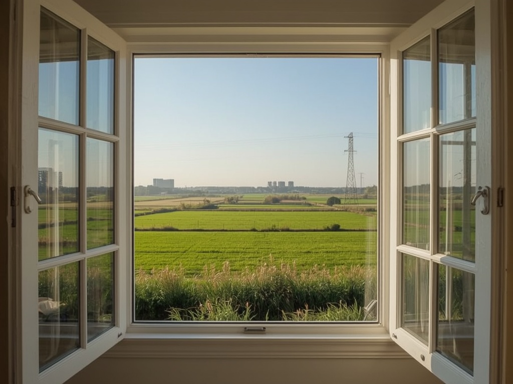 blik vanuit woonkamer in Ursem door groot wit kunststof kozijn naar het poldergebied