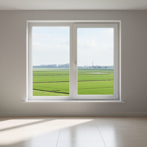 blik vanuit woonkamer in Hensbroek door groot wit kunststof kozijn naar poldergebied
