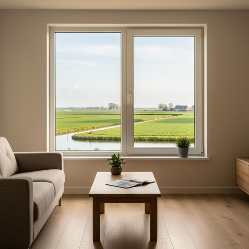 blik vanuit woonkamer in Akersloot door groot wit kunststof kozijn naar poldergebied
