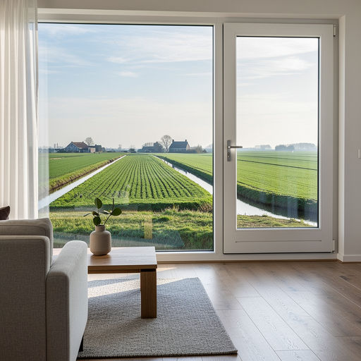 blik vanuit woonkamer in De Rijp door groot wit kunststof kozijn naar poldergebied