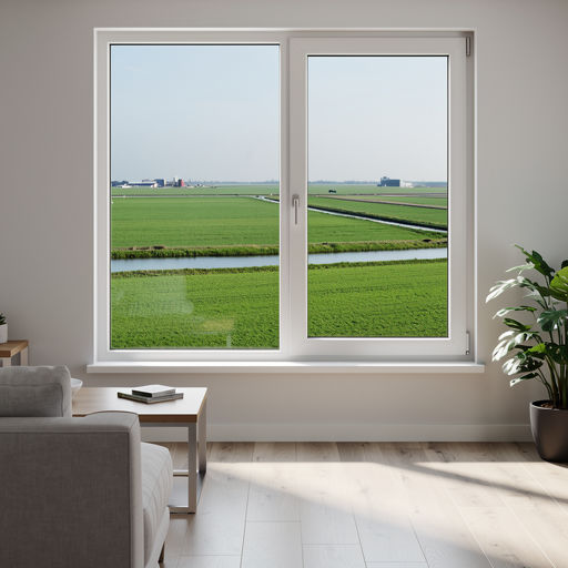 blik vanuit woonkamer in Hoorn door een groot wit kunststof kozijn richting het Westfriese poldergebied