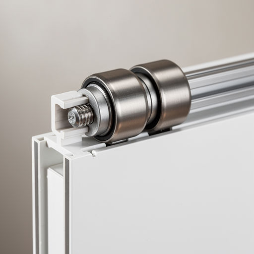 close-up van het trackrail van een kunststof schuifpui met roestvrijstalen rollers