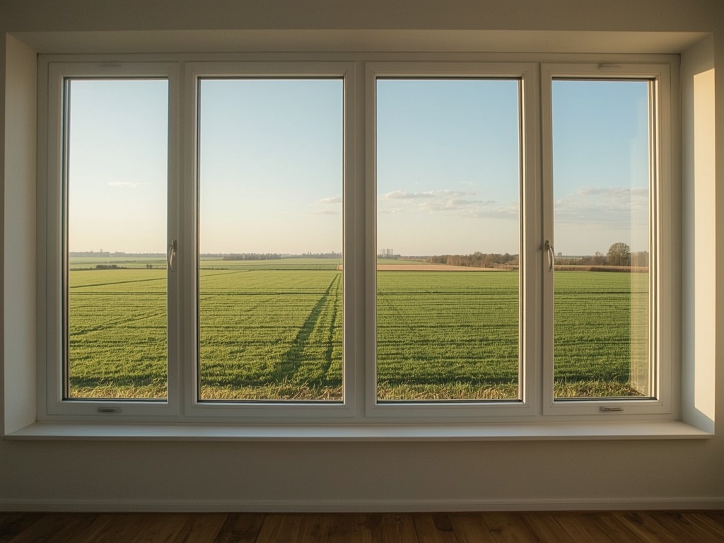 blik vanuit woonkamer in Obdam door groot wit kunststof kozijn naar poldergebied