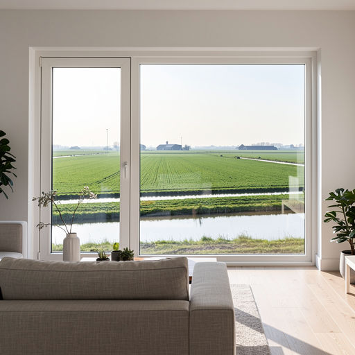 blik vanuit woonkamer in Castricum door groot wit kunststof kozijn richting groen en weiland