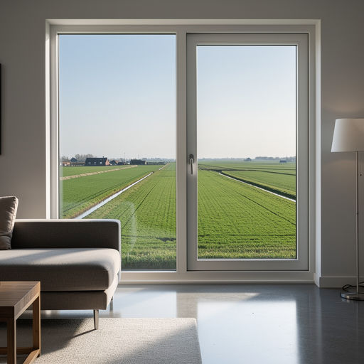 uitzicht vanuit woonkamer in Limmen door een groot wit kunststof kozijn over weilanden