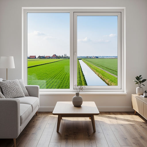 blik vanuit woonkamer in Koggenland door groot wit kunststof kozijn naar open poldergebied