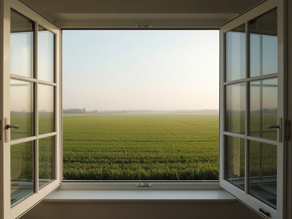 blik vanuit woonkamer in Schermer door groot wit kunststof kozijn naar poldergebied