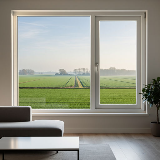 blik vanuit woonkamer in Wieringerwerf door groot wit kunststof kozijn naar poldergebied
