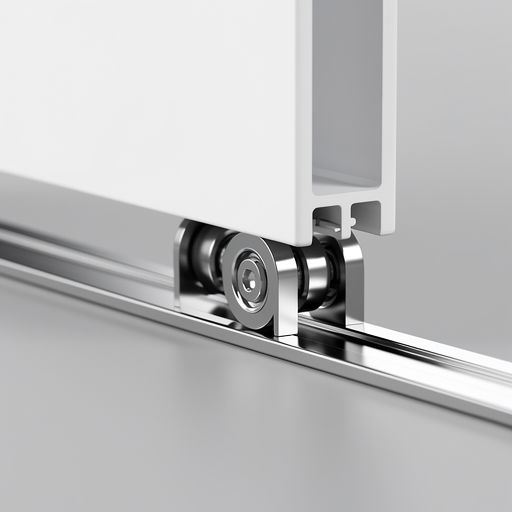 close-up van het trackrail van een kunststof schuifpui met roestvrijstalen rollers