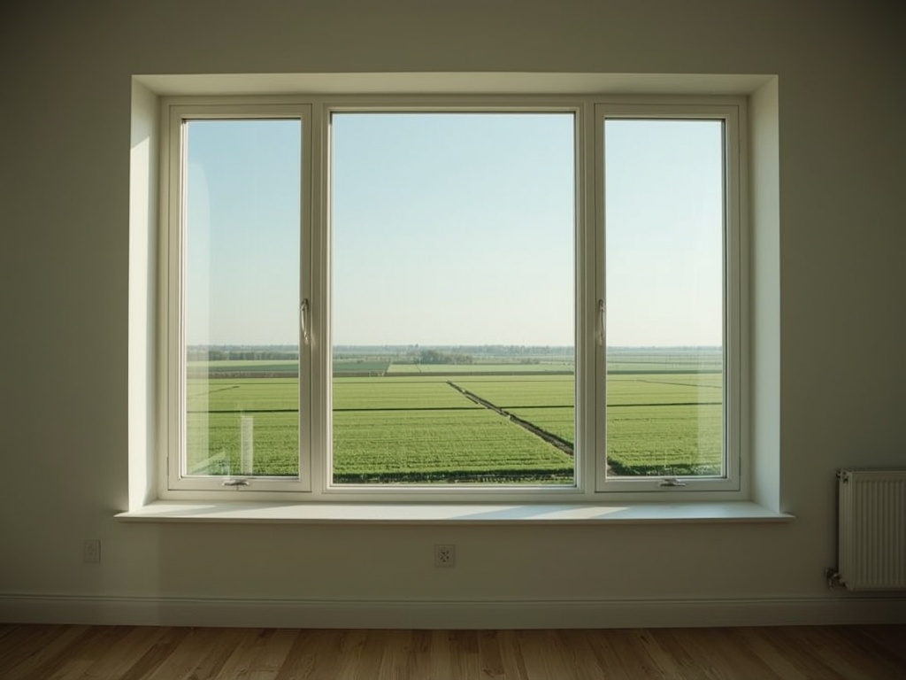 blik vanuit woonkamer in Heerhugowaard door groot wit kunststof kozijn naar poldergebied